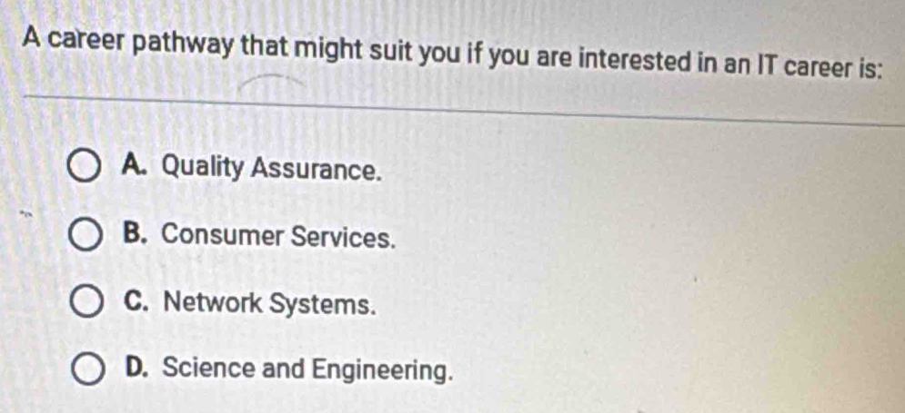 A career pathway that might suit you if you are interested in an IT career is:
A. Quality Assurance.
B. Consumer Services.
C. Network Systems.
D. Science and Engineering.