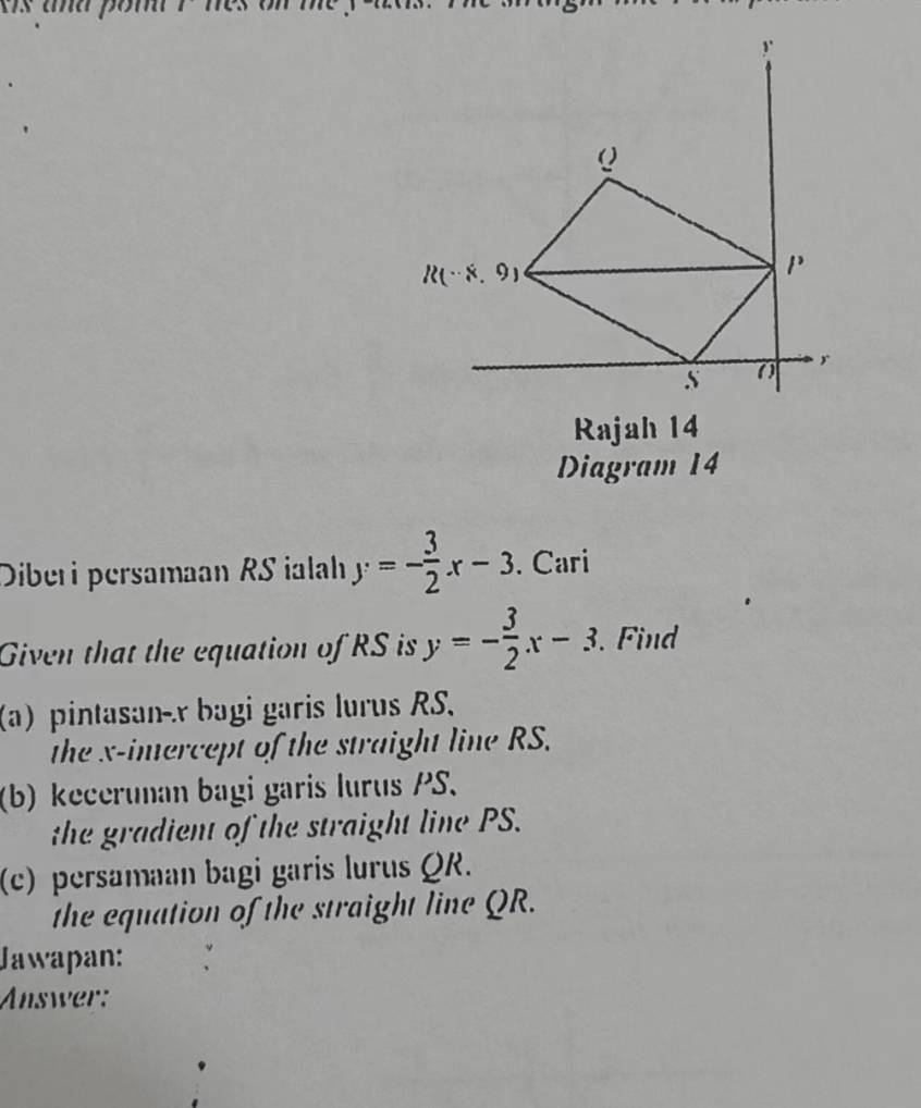 Rajah 14
Diagram 14
Diberi persamaan RS ialah y=- 3/2 x-3. Cari
Given that the equation of RS is y=- 3/2 x-3 Find
(a) pintasan-x bagi garis lurus RS.
the x-intercept of the straight line RS.
(b) kecerunan bagi garis lurus PS.
the gradient of the straight line PS.
(c) persamaan bagi garis lurus QR.
the equation of the straight line QR.
Jawapan:
Answer: