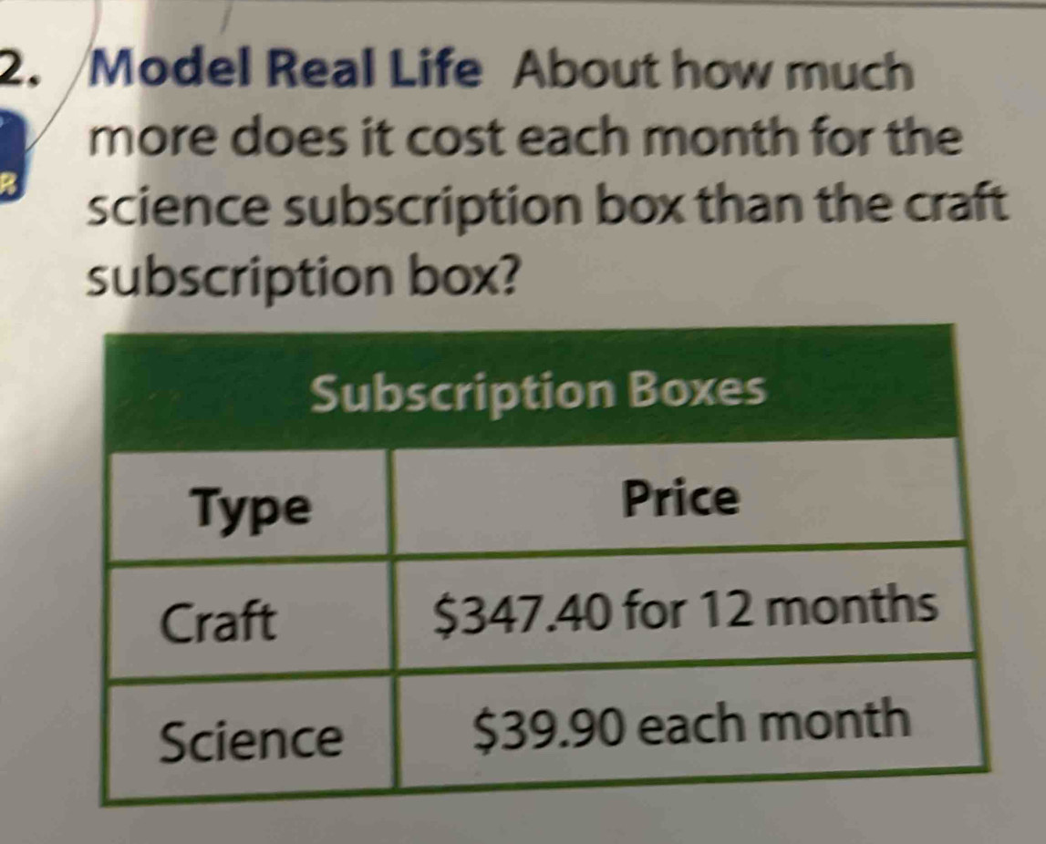 Model Real Life About how much 
more does it cost each month for the 
science subscription box than the craft 
subscription box?