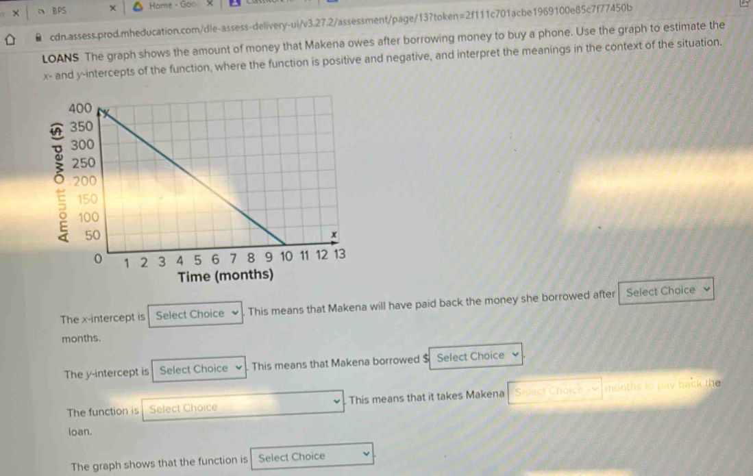 BPS Home - Goo 
cdn.assess.prod.mheducation.com/dle-assess-delivery-ui/v3.27.2/assessment/page/13?token=2f111c701acbe1969100e85c7f77450b 
LOANS The graph shows the amount of money that Makena owes after borrowing money to buy a phone. Use the graph to estimate the
x - and y-intercepts of the function, where the function is positive and negative, and interpret the meanings in the context of the situation. 
The x-intercept is Select Choice This means that Makena will have paid back the money she borrowed after Select Choice
months. 
The y-intercept is Select Choice 、 This means that Makena borrowed $ Select Choice 
The function is Select Choice . This means that it takes Makena Select Choice X months to pay back the 
loan. 
The graph shows that the function is Select Choice