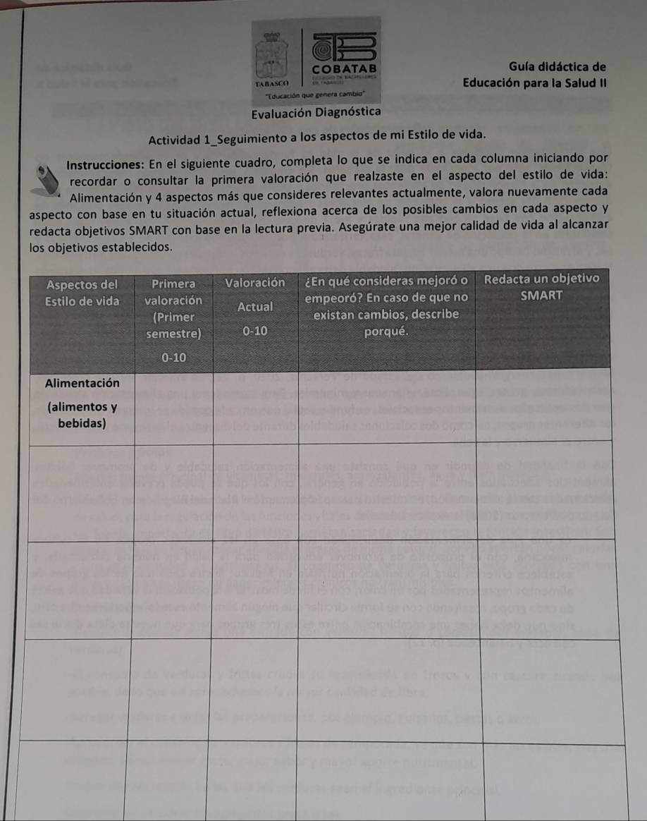 Guía didáctica de 
Educación para la Salud II 
Evaluación Diagnóstica 
Actividad 1_Seguimiento a los aspectos de mi Estilo de vida. 
Instrucciones: En el siguiente cuadro, completa lo que se indica en cada columna iniciando por 
recordar o consultar la primera valoración que realzaste en el aspecto del estilo de vida: 
Alimentación y 4 aspectos más que consideres relevantes actualmente, valora nuevamente cada 
aspecto con base en tu situación actual, reflexiona acerca de los posibles cambios en cada aspecto y 
redacta objetivos SMART con base en la lectura previa. Asegúrate una mejor calidad de vida al alcanzar 
los objetivos establecidos.