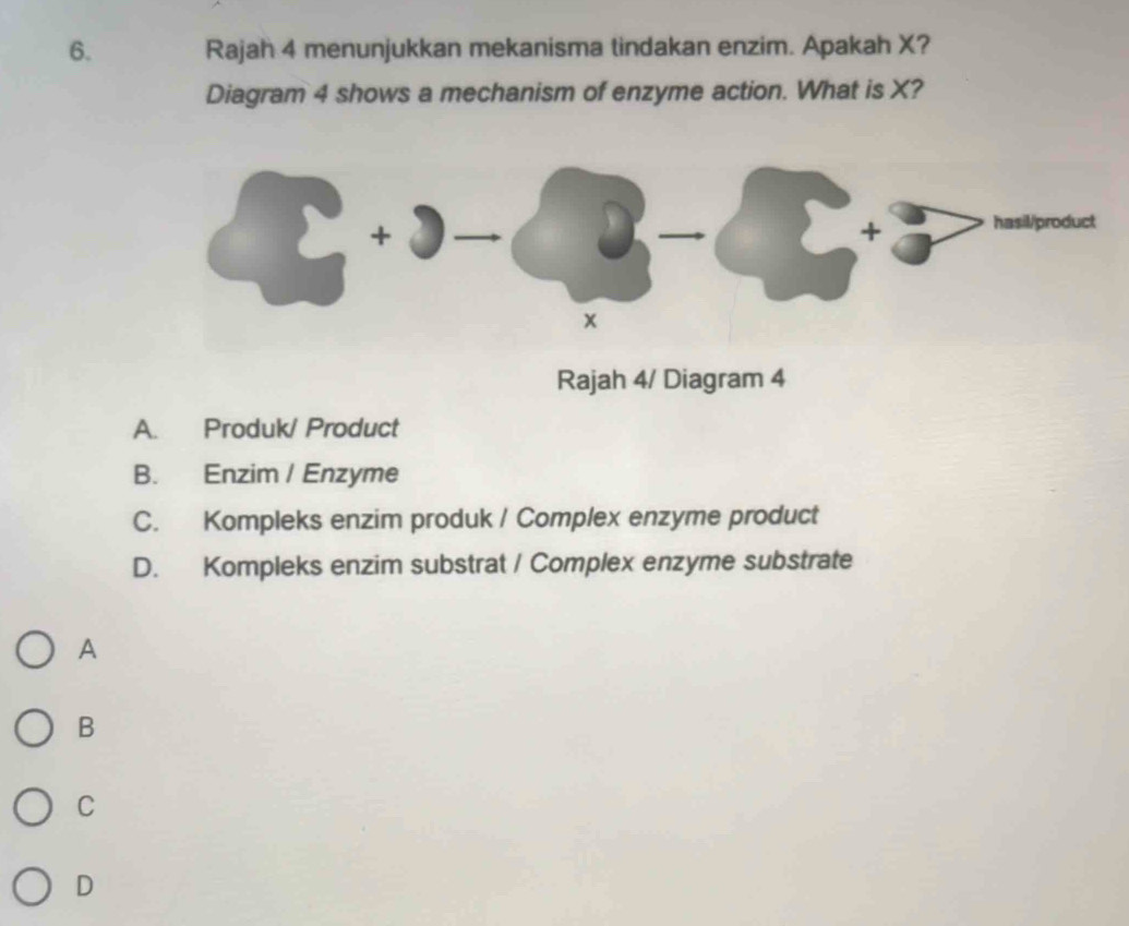 Rajah 4 menunjukkan mekanisma tindakan enzim. Apakah X?
Diagram 4 shows a mechanism of enzyme action. What is X?
Rajah 4/ Diagram 4
A. Produk/ Product
B. Enzim / Enzyme
C. Kompleks enzim produk / Complex enzyme product
D. Kompleks enzim substrat / Complex enzyme substrate
A
B
C
D