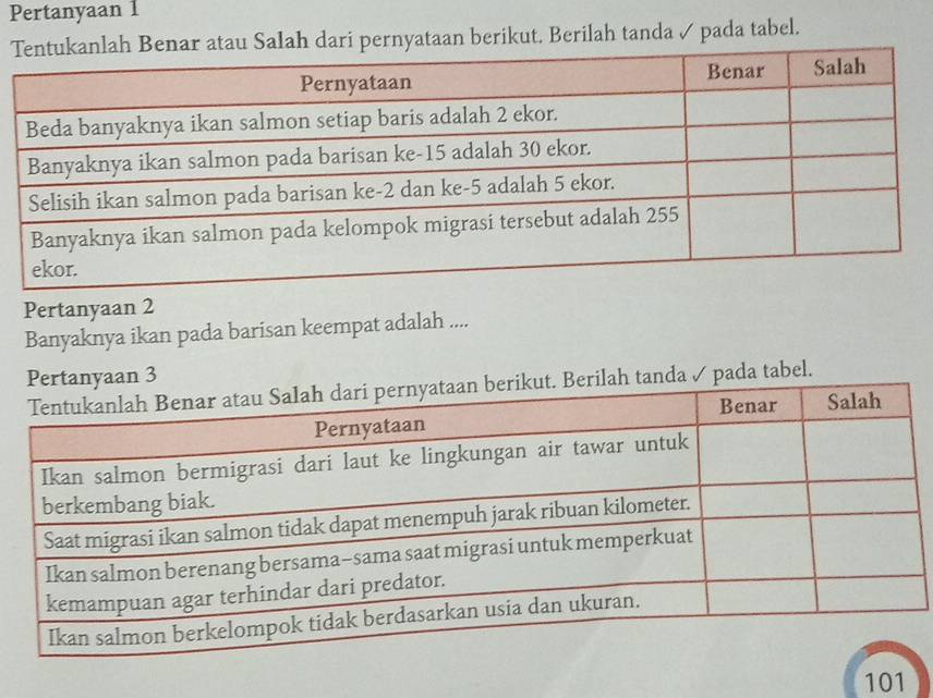 Pertanyaan 1
u Salah dari pernyataan berikut. Berilah tanda ✓ pada tabel.
Pertanyaan 2
Banyaknya ikan pada barisan keempat adalah ....
aan 3
tanda ✓ pada tabel.
101