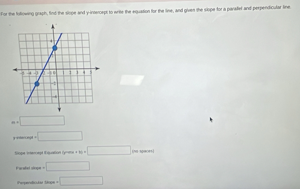 For the following graph, find the slope and y-intercept to write the equation for the line, and given the slope for a parallel and perpendicular line.
m=□
y-interc ept =□ 
Slope Intercept Equation (y=mx+b)=□ (no spaces) 
Parallel slope =□
Perpendicular Slope =□