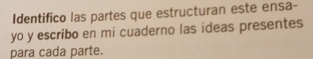 Identifico las partes que estructuran este ensa- 
yo y escribo en mi cuaderno las ideas presentes 
para cada parte.