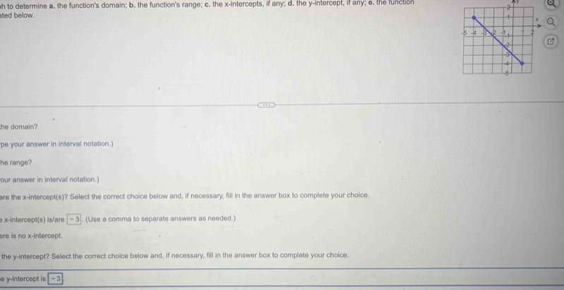 to determine a. the function's domain; b. the function's range; c. the x-intercepts, if any; d. the y-intercept, if any; e. the function 
ated below. 
a 
he domain? 
pe your answer in interval notation.) 
he range? 
our answer in interval notation.) 
are the x-intercept(s)? Select the correct choice below and, if necessary, fill in the answer box to complete your choice. 
e x-intercept(s) is/are |- 3]. (Use a comma to separate answers as needed.) 
ere is no x-intercept. 
the y-intercept? Select the correct choice below and, if necessary, fill in the answer box to complete your choice. 
e y-intercept is -3