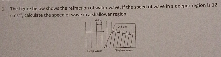 The figure below shows the refraction of water wave. If the speed of wave in a deeper region is 12
cms^(-1) , calculate the speed of wave in a shallower region.
40cm
2 5 cm
Deep water Shallow water