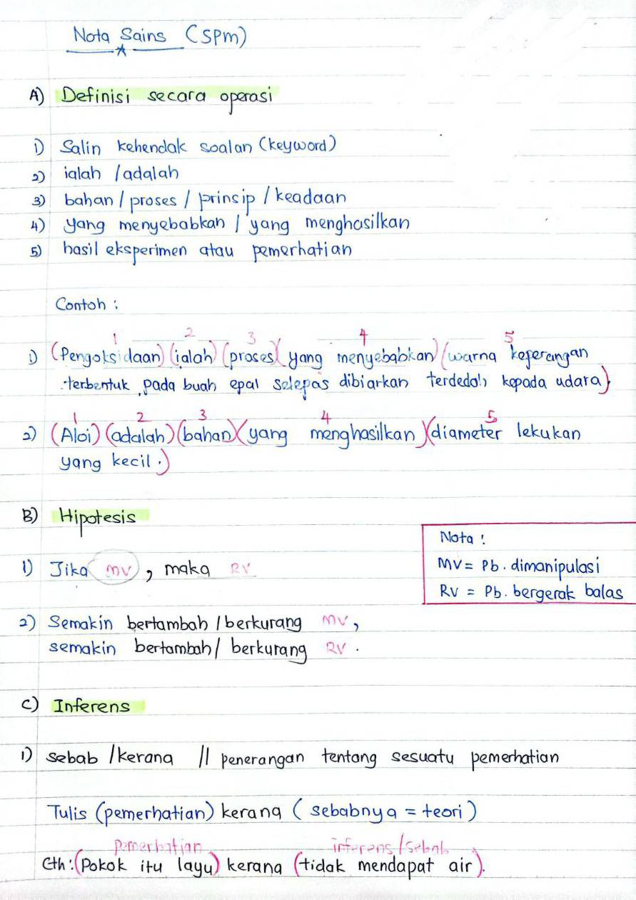 Nota Sains (spm) 
A) Definisi secara operasi 
D Salin kehendak soalan (keyword) 
2) ialah /adalah 
3) bahan/ proses / prinsip / keadaan 
4) yang menyebabkan / yang menghasilkan 
⑤) hasil elsperimen atau pemerhatian 
Contoh : 
2 3
4 
(Pengols `daan) (ialah) (proses (yong menyebabian) (warna kegerangan 
terbentulk, pada buah epal solepas dibiarkan terdedol) kepada adara) 
) (Al(o) (edaiahn) (bahan (yang měnghosilikan cdiameter lekukan 
yong kecil. ) 
B) Hipotesis 
Nota!
MV=Pb
D Jika V, makq e dimanipulasi
RV=Pb.bergerak balas 
2) Semakin bertambab /berkurang MV, 
semakin bertombah/ berkurang V. 
() Inferens 
D sebab lkerana 11 penerangan tentang sesuatu pemerhation 
Tulis (pemerhatian) kerana (sebabny a = teori) 
pomerhifiar inferens /sebal 
(th:(Polok itu layu) kerana (tidok mendapat air).