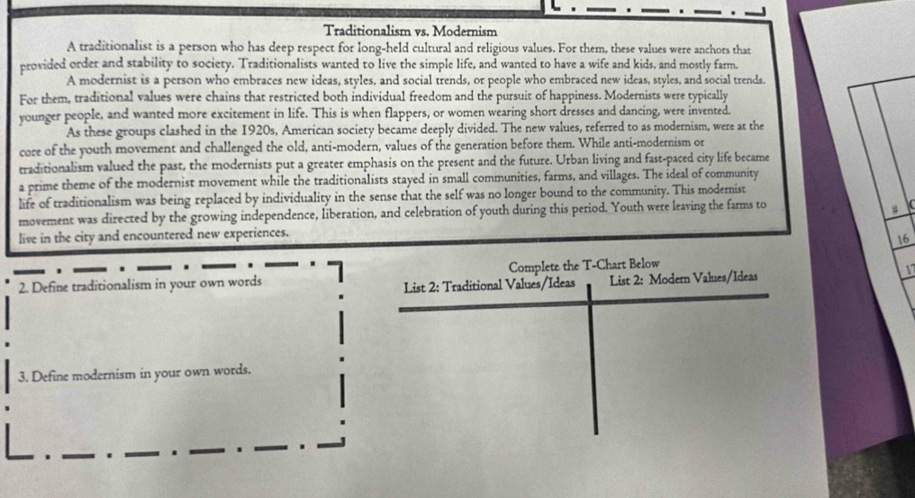 Traditionalism vs. Modernism 
A traditionalist is a person who has deep respect for long-held cultural and religious values. For them, these values were anchors that 
provided order and stability to society. Traditionalists wanted to live the simple life, and wanted to have a wife and kids, and mostly farm. 
A modernist is a person who embraces new ideas, styles, and social trends, or people who embraced new ideas, styles, and social trends. 
For them, traditional values were chains that restricted both individual freedom and the pursuit of happiness. Modernists were typically 
younger people, and wanted more excitement in life. This is when flappers, or women wearing short dresses and dancing, were invented. 
As these groups clashed in the 1920s, American society became deeply divided. The new values, referred to as modernism, were at the 
core of the youth movement and challenged the old, anti-modern, values of the generation before them. While anti-modernism or 
traditionalism valued the past, the modernists put a greater emphasis on the present and the future. Urban living and fast-paced city life became 
a prime theme of the modernist movement while the traditionalists stayed in small communities, farms, and villages. The ideal of community 
life of traditionalism was being replaced by individuality in the sense that the self was no longer bound to the community. This modernist 
movement was directed by the growing independence, liberation, and celebration of youth during this period. Youth were leaving the farms to 
live in the city and encountered new experiences. 
16 
2. Define traditionalism in your own words Complete the T-Chart Below 
17 
List 2: Traditional Values/Ideas List 2: Modern Vales/Ideas 
3. Define modernism in your own words. 
_. _. _. _.