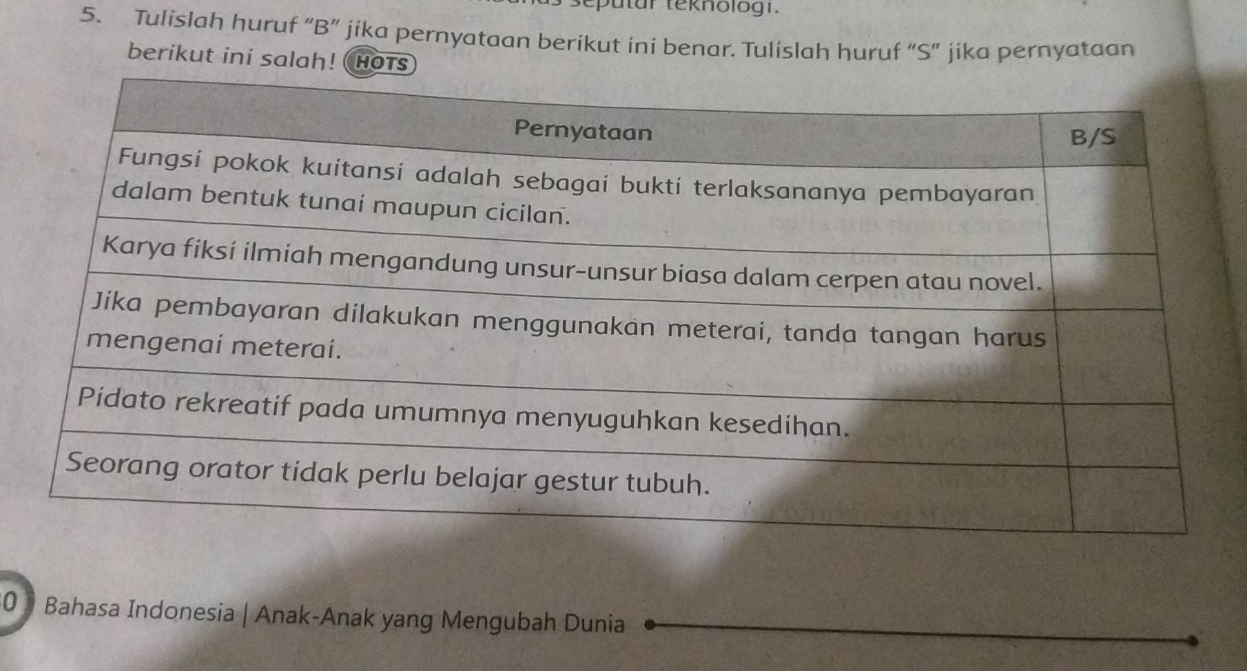 seputar teknologi. 
5. Tulislah huruf “ B ” jika pernyataan berikut ini benar. Tulislah huruf “S" jika pernyataan 
berikut ini salah! ho 
0 Bahasa Indonesia | Anak-Anak yang Mengubah Dunia