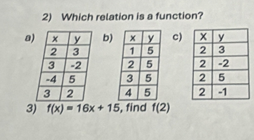 Which relation is a function? 
ab)c) 




3) f(x)=16x+15 , find f(2)