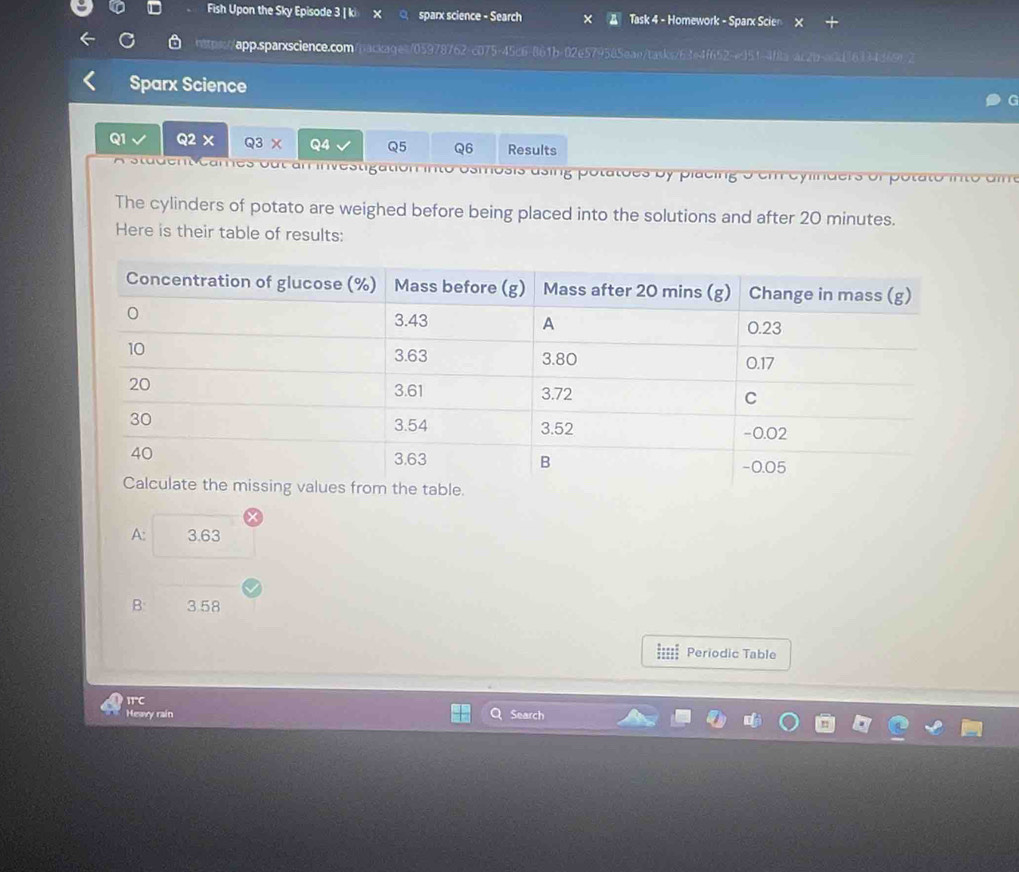 Fish Upon the Sky Episode 3 | ki sparx science - Search Task 4 - Homework - Sparx Scien
hatpsch :/app.sparscience.com/backaget/05978762-c075-45c6-861b-02e579585eae/tasks/63e4f652-e951-4f8a-ac2b-aidf6334d69f.2
Sparx Science
Q1 Q2 X Q3X Q4 Q5 Q6 Results
l t e s ug a losis using potatões by placing o em cylinders of potato into dim
The cylinders of potato are weighed before being placed into the solutions and after 20 minutes.
Here is their table of results:
A: 3.63
B 3.58
=:=== Periodic Table
IC
Hewvy rain Search