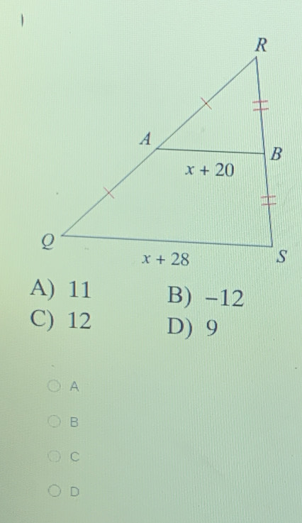 A) 11 B) -12
C) 12 D) 9
A
B
C
D