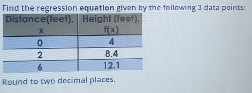 Find the regression equation given by the following 3 data points:
Round to two decimal places.