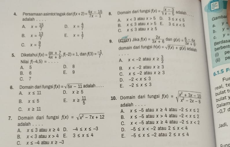 Persamaan asimtot tegak dari f(x+2)= (4x-15)/7x-1  8. Domain dari fungsi f(x)=sqrt(frac x-3)x-5 adalah . . ..
adalah . . , , atau x>5 D. 3≤ x≤ 5 Gambal
A. x<3</tex>
A. x= 15/7  D. x= 4/7  atau x>5 E. 3≤ x<5</tex> a y=
B. x≤ 3
C. x≤ 3 atau x≥ 5 y=
B. x= 13/7  E. x= 1/7 
b.
9. (Jors ) Jika f(x)= 2x/3x+6 
C. x= 9/7  dan g(x)= (6-4x)/3x+6  C. y=
Berdasa
5. Diketahui f(x)= (ax+7)/4x+b ,f(-2)=1 , dan f(3)= (-1)/7 . domain dari fungsi h(x)=sqrt(f(x)+g(x)) adalah berbent
(i) pe
Nilai f(-4,5)= _ atau x≥  3/2 
A. x
(ii) pe
A. 5 D. 8 atau x≥ 3
B. x
B. 6 E. 9 atau x≥ 3 6.1.5 F
C. x≤ -2
C. 7 -2 Fur
D.
6. Domain dari fungsi f(x)=sqrt(5x-11) adalah . . . . E. -2≤ x≤ 3
real, te
A. x≤ 11 D. x≥ 5
B. x≤ 5 E. x≥  11/5  10. Domain dari fungsi f(x)=sqrt(frac x^2+3x-10)x^2-2x-8 bulat t
bulaty
adalah . . . .
Dalam
C. x≥ 11 A. x≤ -5 atau x≥ 4 atau -2≤ x≤ 2 −0,7 d
7. Domain dari fungsi f(x)=sqrt(x^2-7x+12) B. x≤ -5 atau x>4 atau -2
adalah      atau x≥ 4 atau -2≤ x<2</tex>
C. x
Jadi,
A. x≤ 3 atau x≥ 4 D. -4≤ x≤ -3 D. -5≤ x atau 2≤ x<4</tex>
B. x<3</tex> atau x>4 E. 3≤ x≤ 4 E. -5≤ x≤ -2 atau 2≤ x≤ 4
C. x≤ -4 atau x≥ -3
Fung