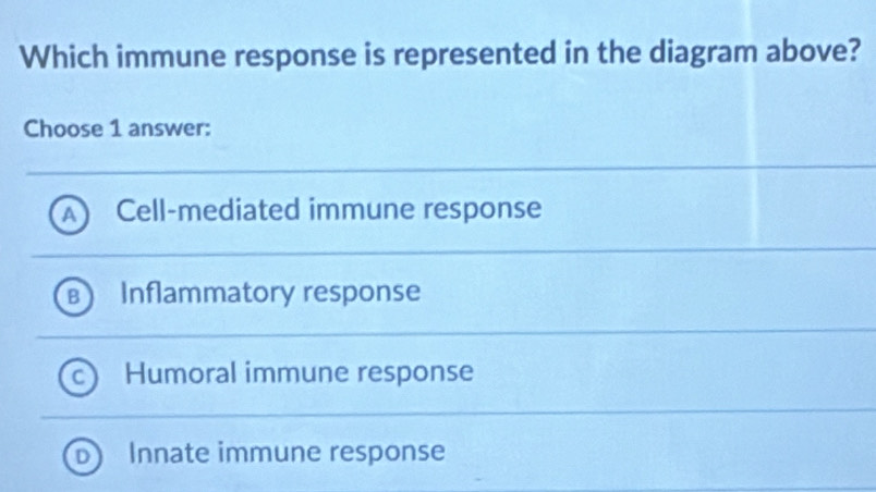 Which immune response is represented in the diagram above?
Choose 1 answer:
A Cell-mediated immune response
Inflammatory response
Humoral immune response
Innate immune response