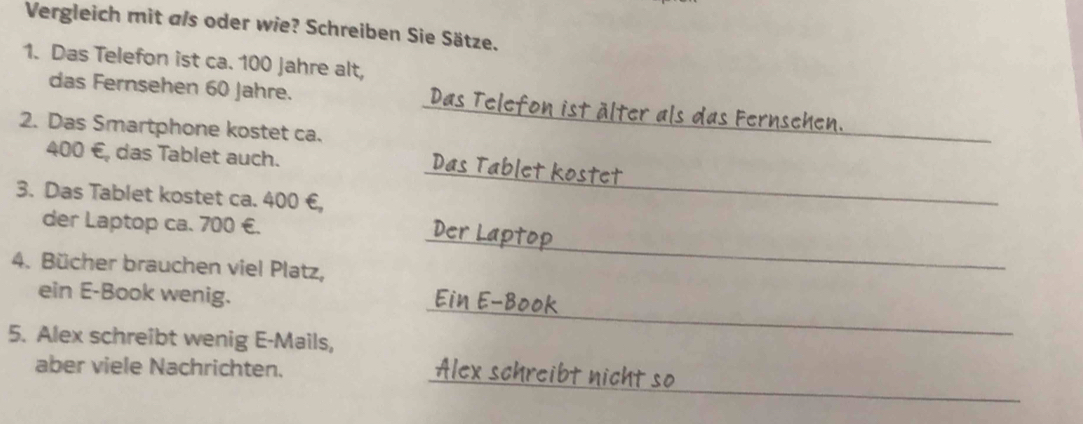 Vergleich mit a/s oder wie? Schreiben Sie Sätze. 
1. Das Telefon ist ca. 100 Jahre alt, 
das Fernsehen 60 Jahre. Das Telefon ist älter als das Fernsehen. 
2. Das Smartphone kostet ca. 
_
400 €, das Tablet auch. 
_Das Tablet kostet 
3. Das Tablet kostet ca. 400 €,_ 
_ 
der Laptop ca. 700 €. Der 
4. Bücher brauchen viel Platz, 
ein E-Book wenig. Ein E-Book 
5. Alex schreibt wenig E-Mails, 
_ 
aber viele Nachrichten. 
_Alex schreibt nicht so