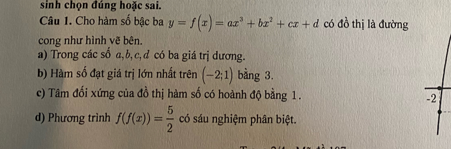 sinh chọn đúng hoặc sai.
Câu 1. Cho hàm số bậc ba y=f(x)=ax^3+bx^2+cx+d có đồ thị là đường
cong như hình vẽ bên.
a) Trong các số a, b, c, d có ba giá trị dương.
b) Hàm số đạt giá trị lớn nhất trên (-2;1) bằng 3.
c) Tâm đối xứng của đồ thị hàm số có hoành độ bằng 1.
-2
d) Phương trình f(f(x))= 5/2  có sáu nghiệm phân biệt.