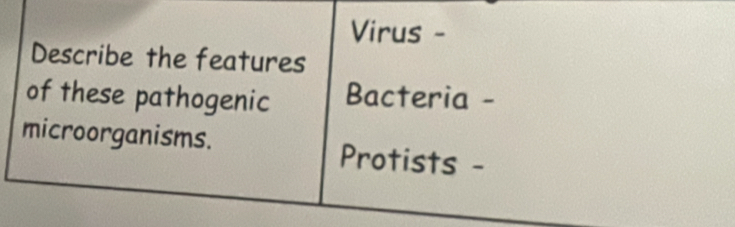 Virus - 
Describe the features 
of these pathogenic Bacteria - 
microorganisms. Protists -