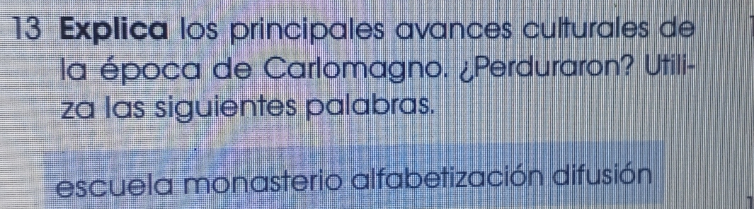 Explica los principales avances culturales de
la época de Carlomagno. ¿Perduraron? Utili-
za las siguientes palabras.
escuela monasterio alfabetización difusión