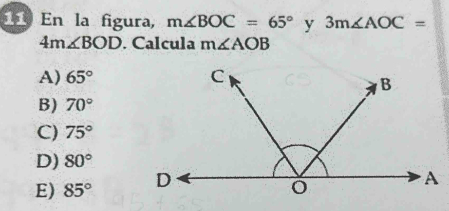 En la figura, m∠ BOC=65° y 3m∠ AOC=
4m∠ BOD. Calcula m∠ AOB
A) 65°
B) 70°
C) 75°
D) 80°
E) 85°