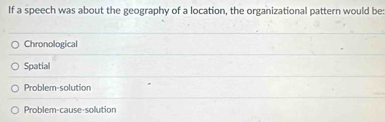 If a speech was about the geography of a location, the organizational pattern would be:
Chronological
Spatial
Problem-solution
Problem-cause-solution