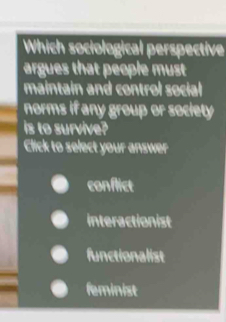 Which sociological perspective
argues that people must
maintain and control social 
norms if any group or society
is to survive?
Click to select your answer
conflict
interactionist
functionalist
feminist