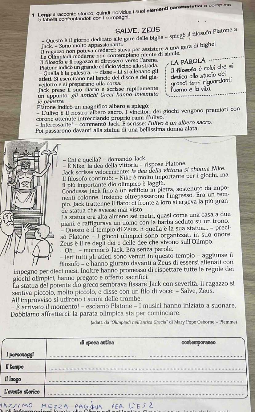 Leggi il racconto storico, quindi individua i suoi elementi caratteristici e completa
la tabella confrontandoti con i compagni.
SALVE, ZEUS
- Questo è il giorno dedicato alle gare delle bighe - spiegò il filosofo Platone a
Jack. - Sono molto appassionanti.
Il ragazzo non poteva crederci: stava per assistere a una gara di bighe!
Le Olimpiadi moderne non contemplano niente di simile.
Il filosofo e il ragazzo si diressero verso l'arena.
Platone indicó un grande edificio vicino alla strada. LA PAROLA .
- Quella è la palestra... - disse - Lì si allenano gli Il filosofo è colui che si
atleti. Si esercitano nel lancio del disco e del gia dedica allo studio dei
vellotto e si preparano alla corsa.
Jack prese il suo diario e scrisse rapidamente grandi temi riguardanti
Iuomo e la vita.
un appunto: gli antichi Greci hanno inventato
le palestre.
Platone indicó un magnifico albero e spiegó:
- L'ulivo è il nostro albero sacro. I vincitori dei giochi vengono premiati con
corone ottenute intrecciando proprio rami d’ulivo.
- Interessante! - commentò Jack. E scrisse: l'ulivo è un albero sacro.
Poi passarono davanti alla statua di una bellissima donna alata.
- Chi è quella? - domandò Jack.
- È Nike, la dea della vittoria - rispose Platone.
Jack scrisse velocemente: la dea della vittoria si chiama Nike.
Il filosofo continuò: - Nike è molto importante per i giochi, ma
il più importante dio olimpico è laggiù.
Condusse Jack fino a un edificio in pietra, sostenuto da impo-
nenti colonne. Insieme oltrepassarono l’ingresso. Era un tem-
pio. Jack trattenne il fiato: di fronte a loro sì ergeva la più gran-
de statua che avesse mai visto.
La statua era alta almeno sei metri, quasi come una casa a due
piani, e raffigurava un uomo con la barba seduto su un trono.
- Questo è il tempio di Zeus. E quella è la sua statua... - preci-
sò Platone - I giochi olimpici sono organizzati in suo onore.
Zeus èil re degli dei e delle dee che vivono sull'Olimpo.
Oh... - mormorò Jack. Era senza parole.
Ieri tutti gli atleti sono venuti in questo tempio - aggiunse il
ilosofo - e hanno giurato davanti a Zeus di essersi allenati con
impegno per dieci mesi. Inoltre hanno promesso di rispettare tutte le regole dei
giochi olimpici, hanno pregato e offerto sacrifici.
La statua del potente dio greco sembrava fissare Jack con severità. Il ragazzo si
sentiva piccolo, molto piccolo, e disse con un filo di voce: - Salve, Zeus.
All'improvviso si udirono i suoni delle trombe.
- È arrivato il momento! - esclamò Platone - I musici hanno iniziato a suonare.
Dobbiamo affrettarci: la parata olimpica sta per cominciare.
(adatt. da "Olimpiadi nell'antica Grecia" di Mary Pope Osborne - Piemme)
di epoca antica contemporaneo
I personaggi_
_
Il tempo
_
Il luogo
_
L'evento storico_