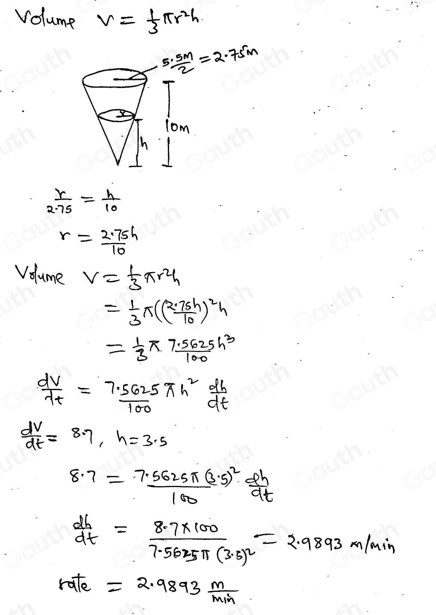 Solved: Water is being pumped into an inverted conical tank at a rate ...