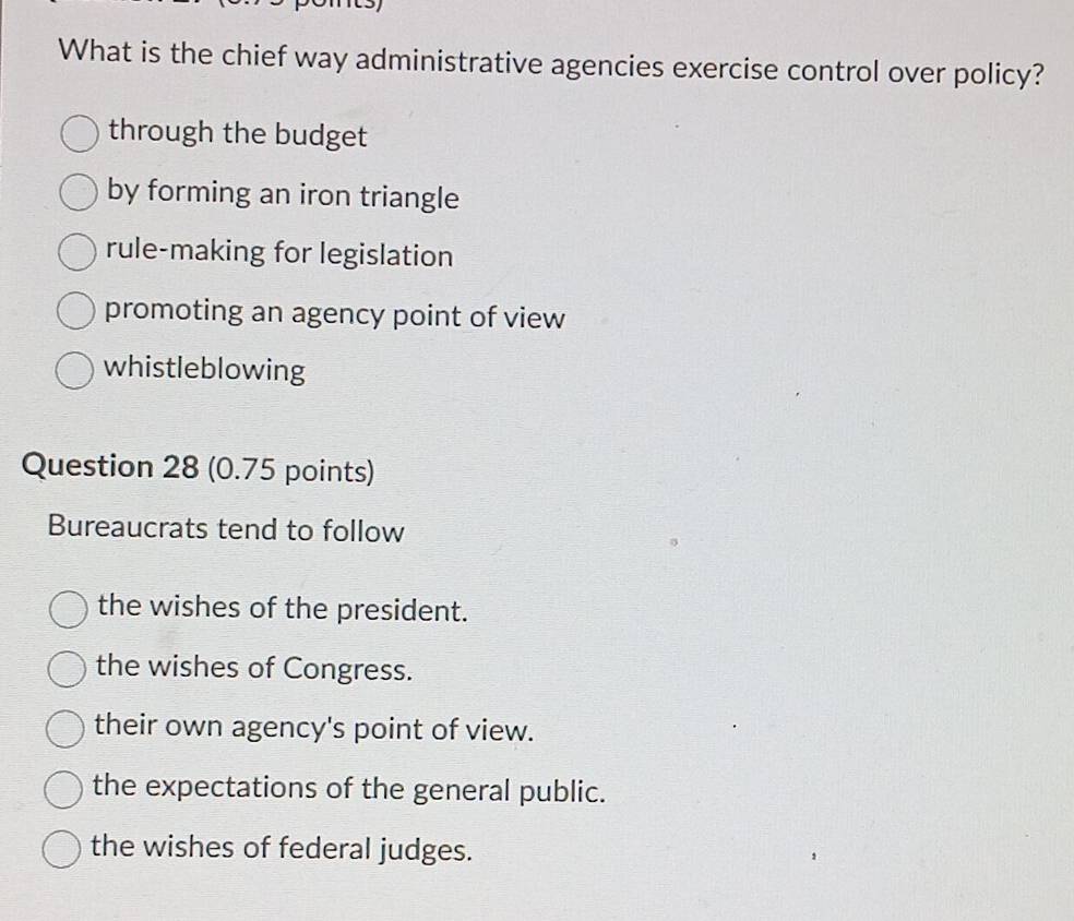 Solved: What is the chief way administrative agencies exercise control over  policy? through the bu [Social Science]