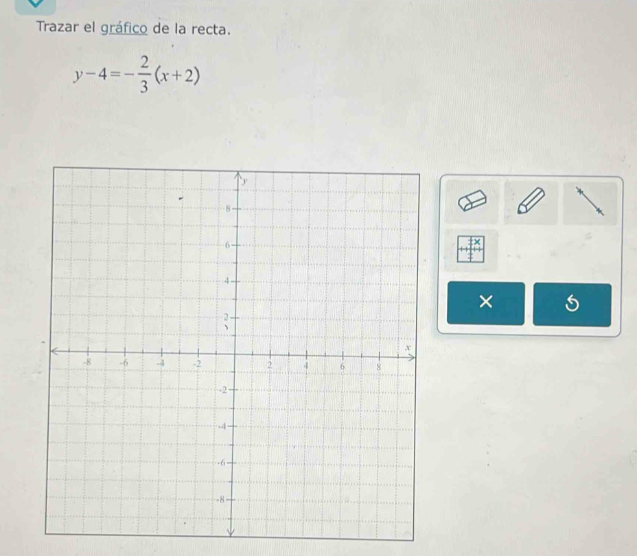 Trazar el gráfico de la recta.
y-4=- 2/3 (x+2)
×