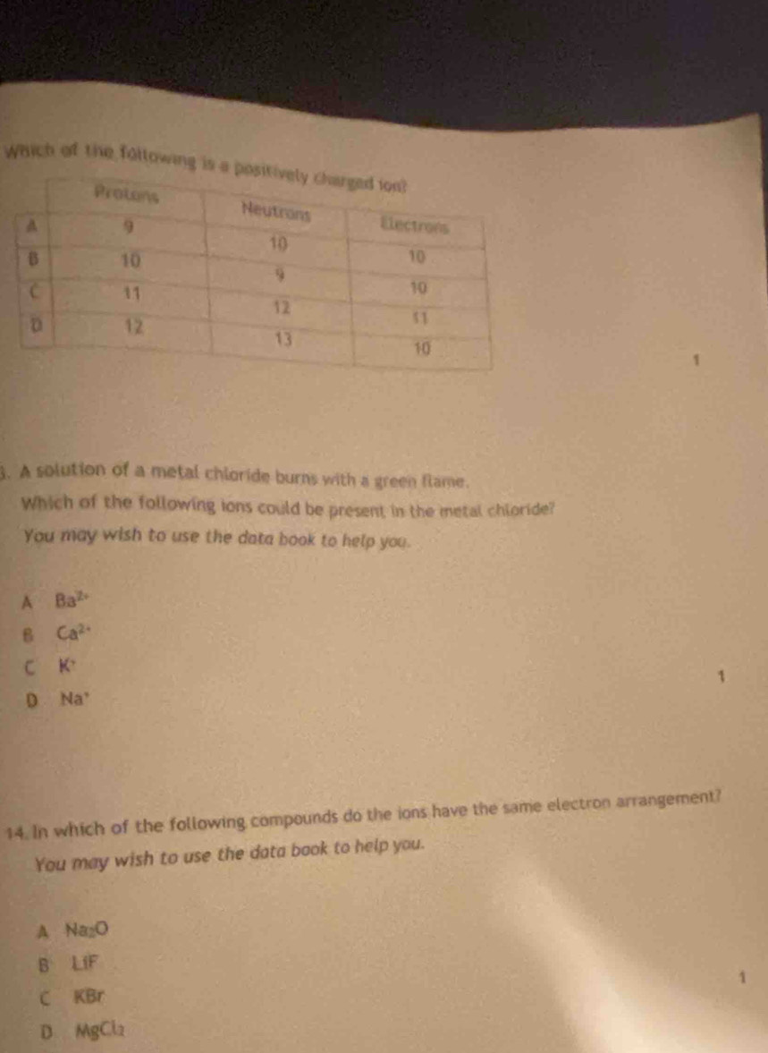 Which of the following i
3. A solution of a metal chloride burns with a green flame.
Which of the following ions could be present in the metal chloride?
You may wish to use the data book to help you.
A Ba^(2+)
B Ca^(2+)
C K^+
D Na^+
14. In which of the following compounds do the ions have the same electron arrangement?
You may wish to use the data book to help you.
A Na_2O
B LiF
C KBr
D MgCl_2