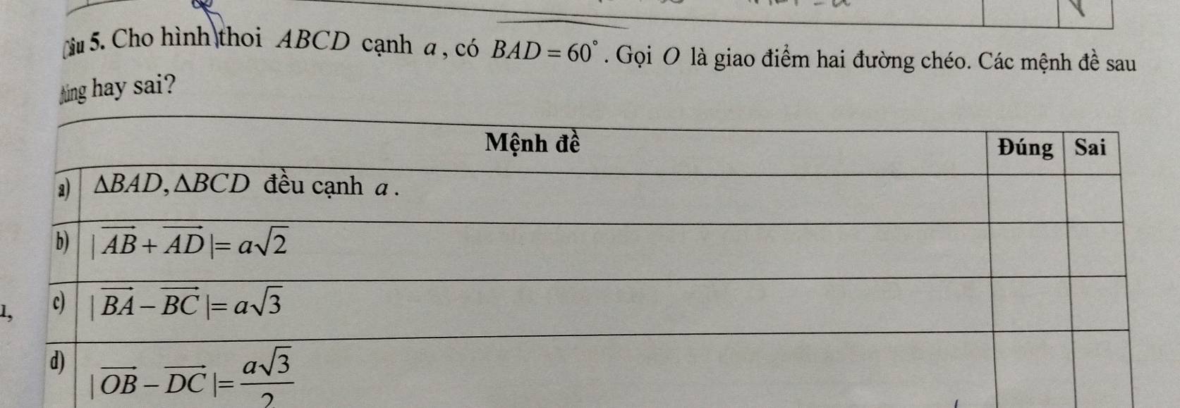 Cho hình thoi ABCD cạnh a , có BAD=60°. Gọi O là giao điểm hai đường chéo. Các mệnh đề sau
Ming hay sai?
1,