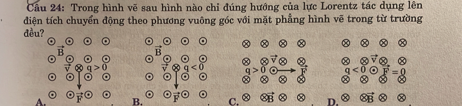 Trong hình vẽ sau hình nào chỉ đúng hướng của lực Lorentz tác dụng lên
điện tích chuyển động theo phương vuông góc với mặt phẳng hình vẽ trong từ trường
đều?
vector B
vector B
q<0</tex>
A.
B.
C.