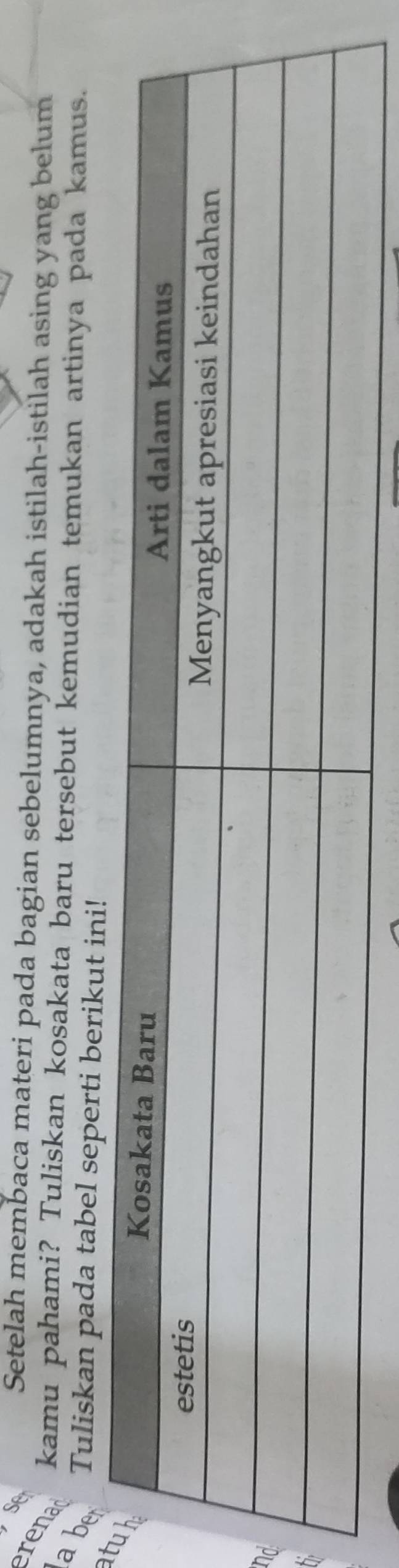 Se 
Setelah membaca materi pada bagian sebelumnya, adakah istilah-istilah asing yang belum 
erena kamu pahami? Tuliskan kosakata baru tersebut kemudian temukan artinya pada kamus. 
a be Tuliskan pada tabel seperti berikut ini! 
t 
n