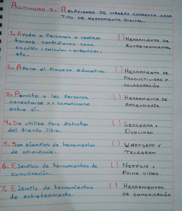 AcTIVIOAD S. RELACIONES OE MANERA COARECTA CAOA 
TIPO DE HERRAMIENTA DIGITAL. 
1. A yuda a Personas a realizar (HERAAM,ENTA DE 
tareas contidionas come ENTRETENIMIENTO. 
escmibir, calcular, organizar, 
etc. 
2. Apora el proceso educativo. () HERRAMENTA DE 
PROOUCTiVIOnD Y 
COLABORACION 
3. Permite a las Personos 
()HERRAMIENTA DE 
conectarse y comunicarse APRENDIKATE 
entre si. 
H. Se ufiliza Para disfrutor ()GEOCEBRA, 
del tiempo libre. DUOLINGo 
5. Som ejemplos de herramientas () WHATSApp Y 
de aprendizase. TELEGRAM 
6. Fjemplos de herramientas de () NETFNX, 
comunicacion. PRIME VIOEO 
7. Ejemplo de herramientas (IHERRAMIENTAS 
de entretenimiento. DE COMUNICACION