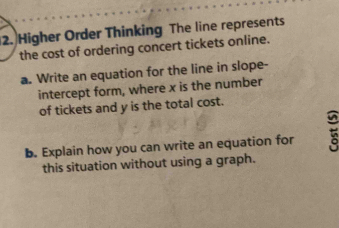 Higher Order Thinking The line represents 
the cost of ordering concert tickets online. 
a. Write an equation for the line in slope- 
intercept form, where x is the number 
of tickets and y is the total cost. 
b. Explain how you can write an equation for 
this situation without using a graph.