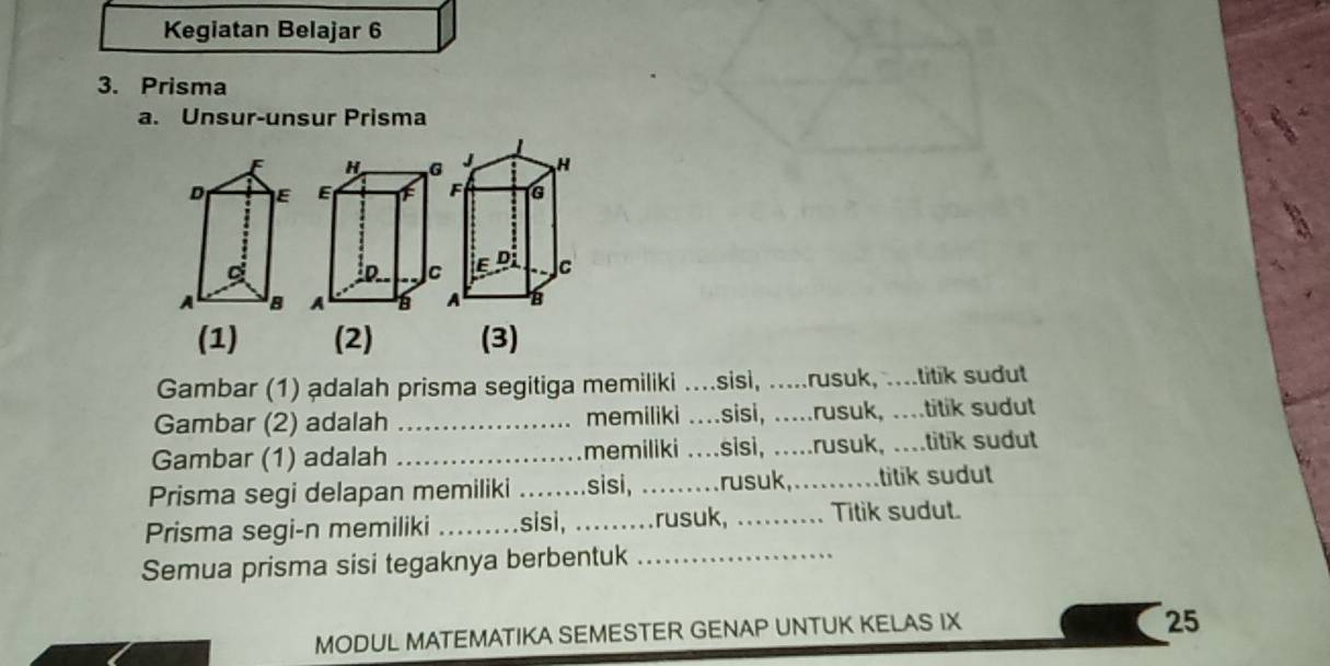 Kegiatan Belajar 6 
3. Prisma 
a. Unsur-unsur Prisma 

(1) (2) (3) 
Gambar (1) adalah prisma segitiga memiliki ....sisi, .....rusuk, ....titik sudut 
Gambar (2) adalah _memiliki …sisi, ....rusuk, ….titik sudut 
Gambar (1) adalah _memiliki …sisi, …rusuk, …titik sudut 
Prisma segi delapan memiliki_ sisi, ……rusuk,……titik sudut 
Prisma segi-n memiliki _sisi, ….rusuk, …… Titik sudut. 
Semua prisma sisi tegaknya berbentuk_ 
MODUL MATEMATIKA SEMESTER GENAP UNTUK KELAS IX 
25