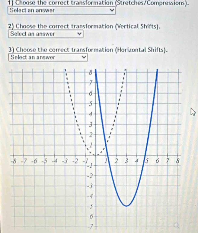 Choose the correct transformation (Stretches/Compressions). 
Select an answer 
2) Choose the correct transformation (Vertical Shifts). 
Select an answer 
3) Choose the correct transformation (Horizontal Shifts). 
Select an answer
-7