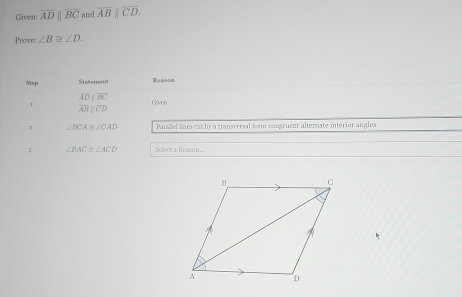 Given: overline ADparallel overline BC and overline AB||overline CD. 
Prove: ∠ B≌ ∠ D. 
Step Statement Reason
overline ADparallel overline BC
t overline ABparallel overline CD Gn
∠ BCA≌ ∠ CAD Paraael hars out be a transeersal fem congruent alternate interior angles 
3 ∠ BAC≌ ∠ ACD Sellect a Reason...