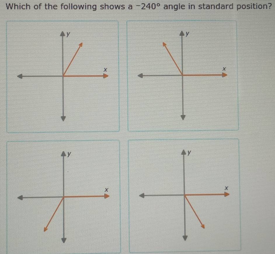 Which of the following shows a -240° angle in standard position?