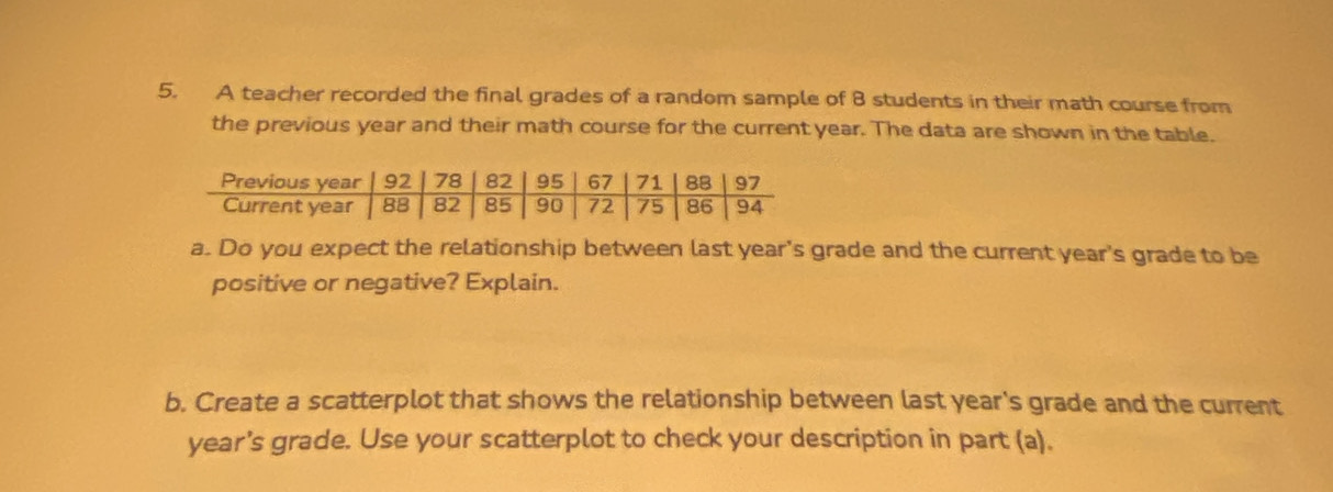 A teacher recorded the final grades of a random sample of 8 students in their math course from 
the previous year and their math course for the current year. The data are shown in the table. 
a. Do you expect the relationship between last year's grade and the current year's grade to be 
positive or negative? Explain. 
b. Create a scatterplot that shows the relationship between last year's grade and the current 
year’s grade. Use your scatterplot to check your description in part (a).