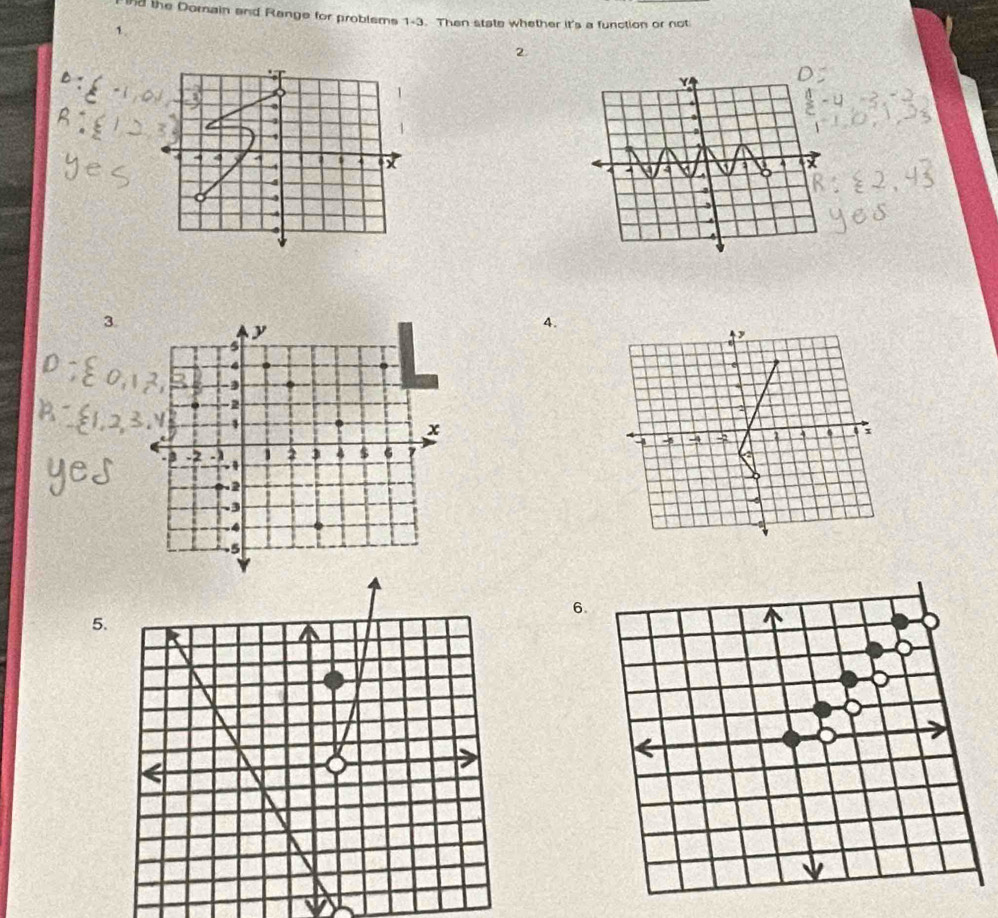 the Domain and Range for problems 1-3. Then state whether it's a function or not 
1. 
2 
4

7 4 4 4 a X
4 
3. 
4.

-3 4 I 6
6. 
5. 
v