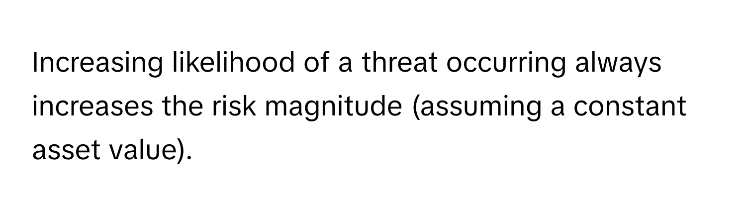 Increasing likelihood of a threat occurring always increases the risk magnitude (assuming a constant asset value).