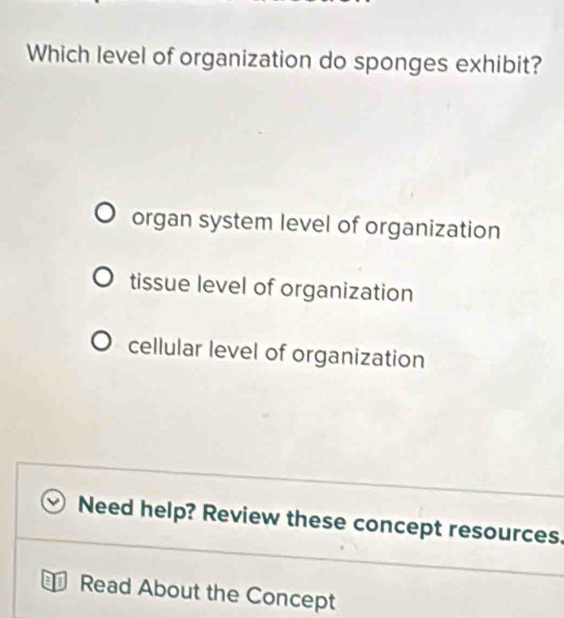 Which level of organization do sponges exhibit?
organ system level of organization
tissue level of organization
cellular level of organization
Need help? Review these concept resources.
Read About the Concept