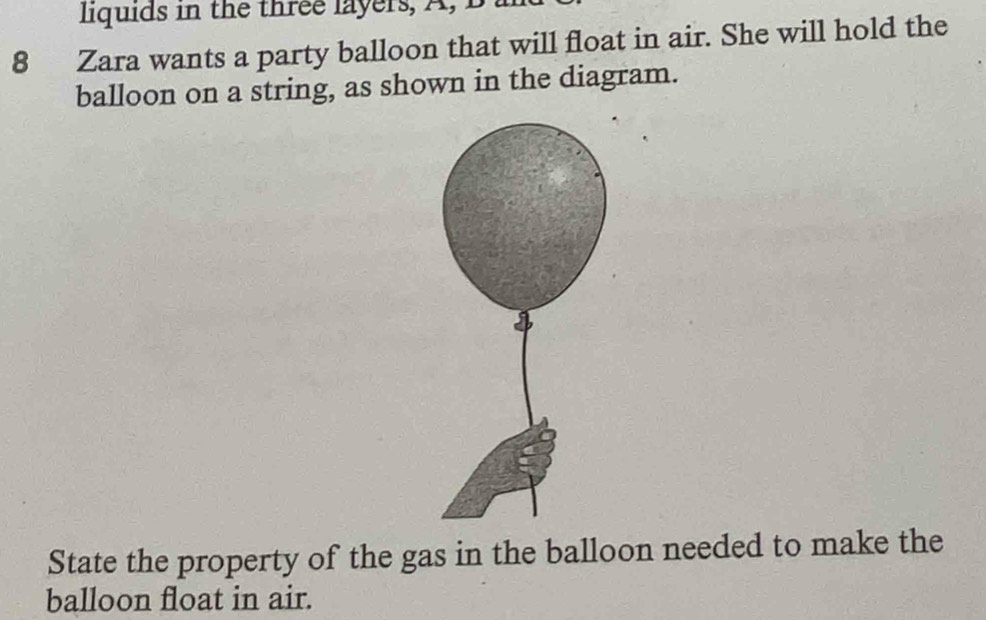 liquids in the three layers, A, B 
8 Zara wants a party balloon that will float in air. She will hold the 
balloon on a string, as shown in the diagram. 
State the property of the gas in the balloon needed to make the 
balloon float in air.