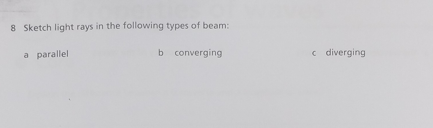 Sketch light rays in the following types of beam: 
a parallel b converging c diverging