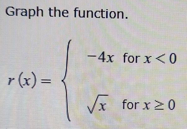 Graph the function.
r(x)=beginarrayl -4xforr<0 sqrt(x)forx≥ 0endarray.