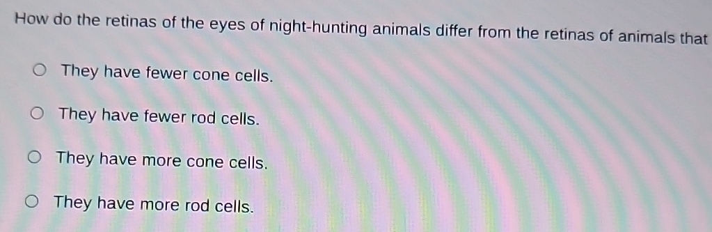 How do the retinas of the eyes of night-hunting animals differ from the retinas of animals that
They have fewer cone cells.
They have fewer rod cells.
They have more cone cells.
They have more rod cells.