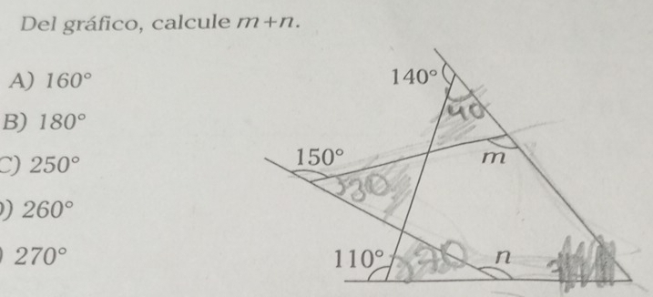 Del gráfico, calcule m+n. 
A) 160° 140°
B) 180°
150°
C) 250° m
) 260°
270°
110°
n